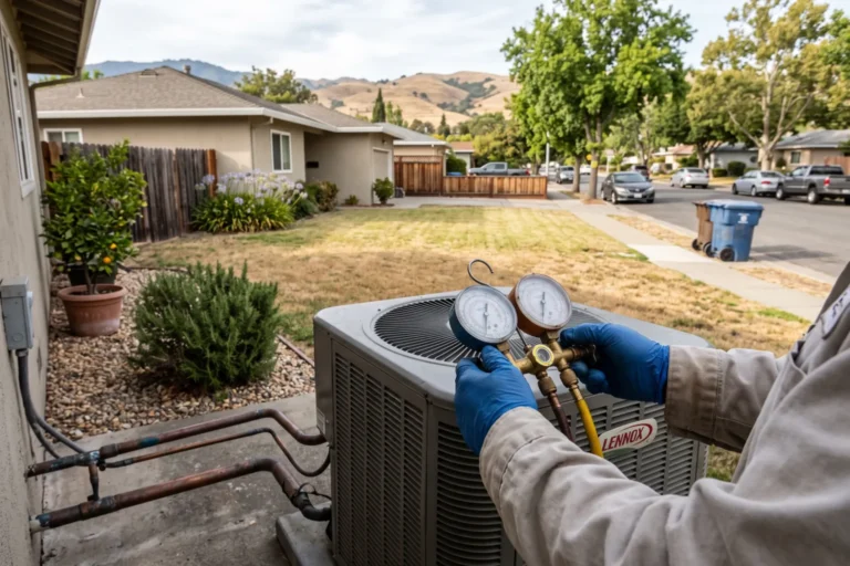 Technician checking refrigerant pressure on an outdoor AC unit